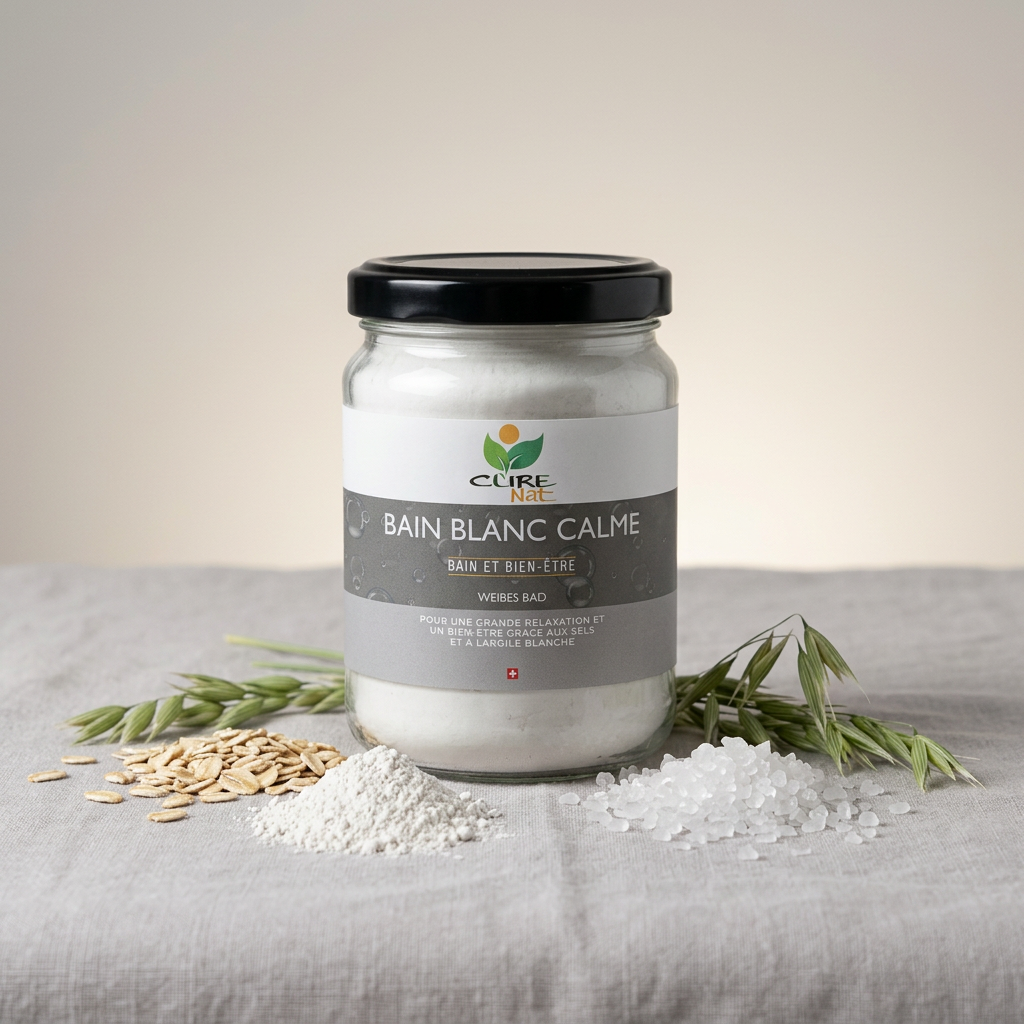 Pot de Bain Blanc Calme CureNat entouré de sel d'Epsom, d'avoine, de farine d'avoine et d'argile blanche