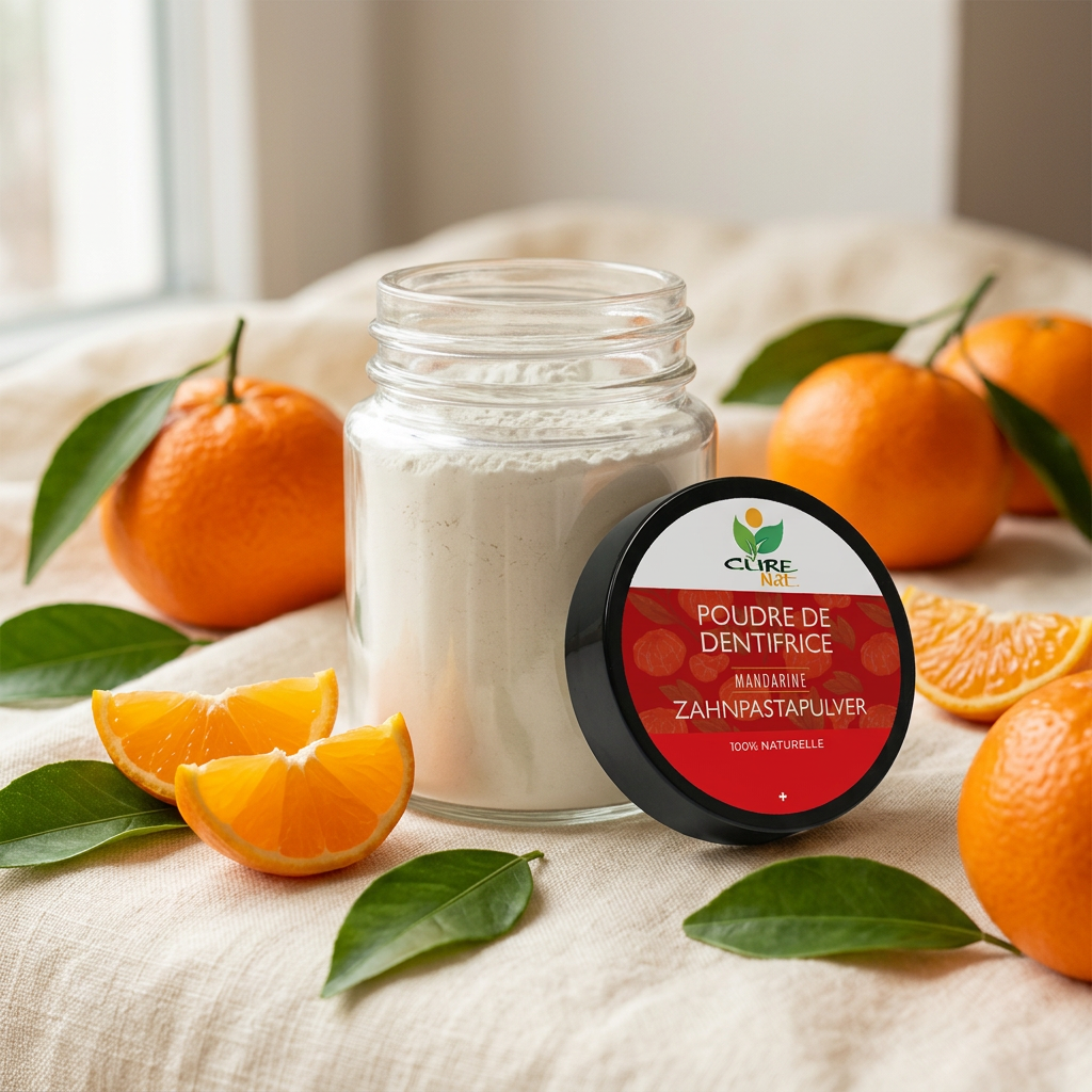 Pot de poudre de dentifrice à la mandarine CureNat entouré de mandarines fraîches et de feuilles