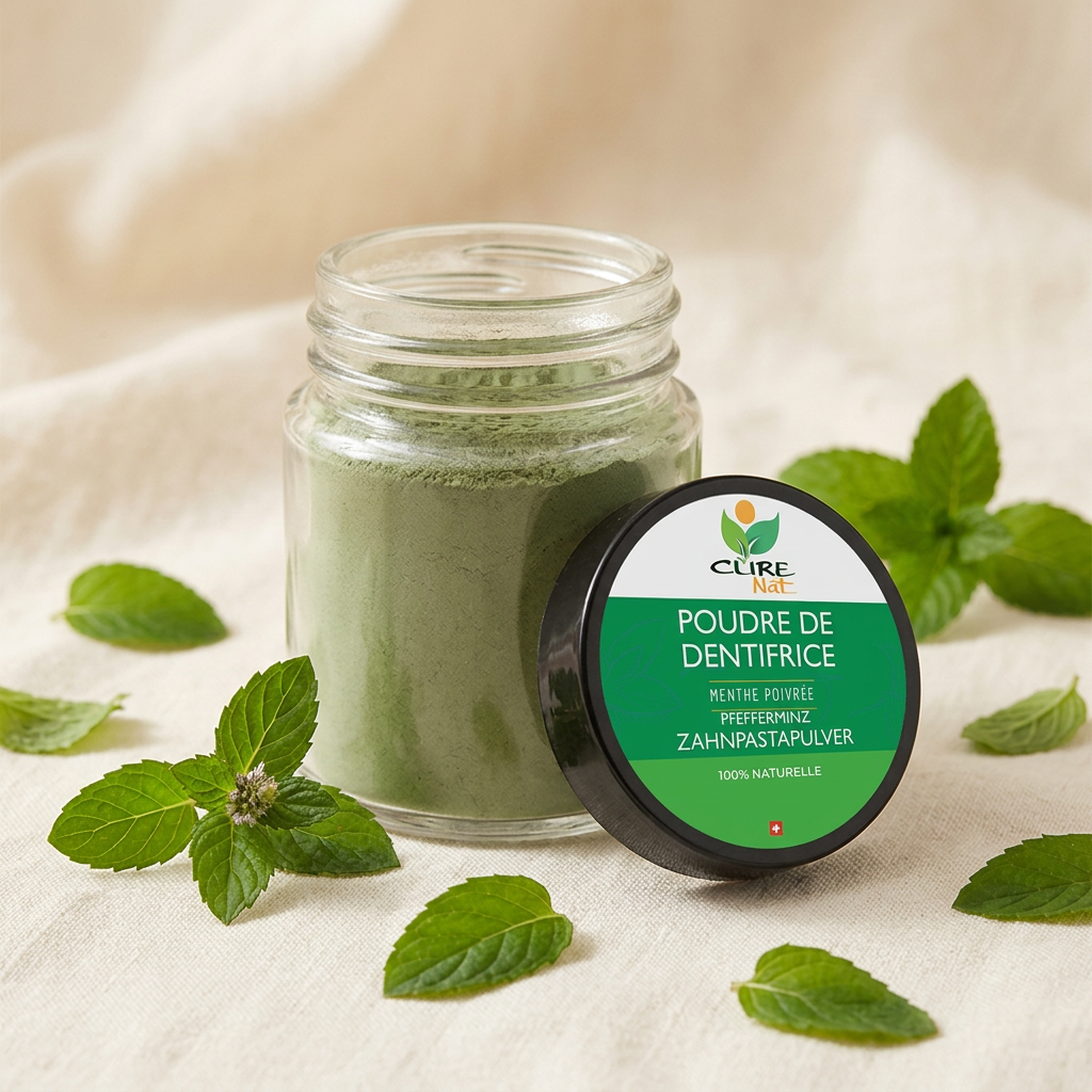 Pot de poudre de dentifrice à la menthe poivrée CureNat entouré de feuilles de menthe fraîche