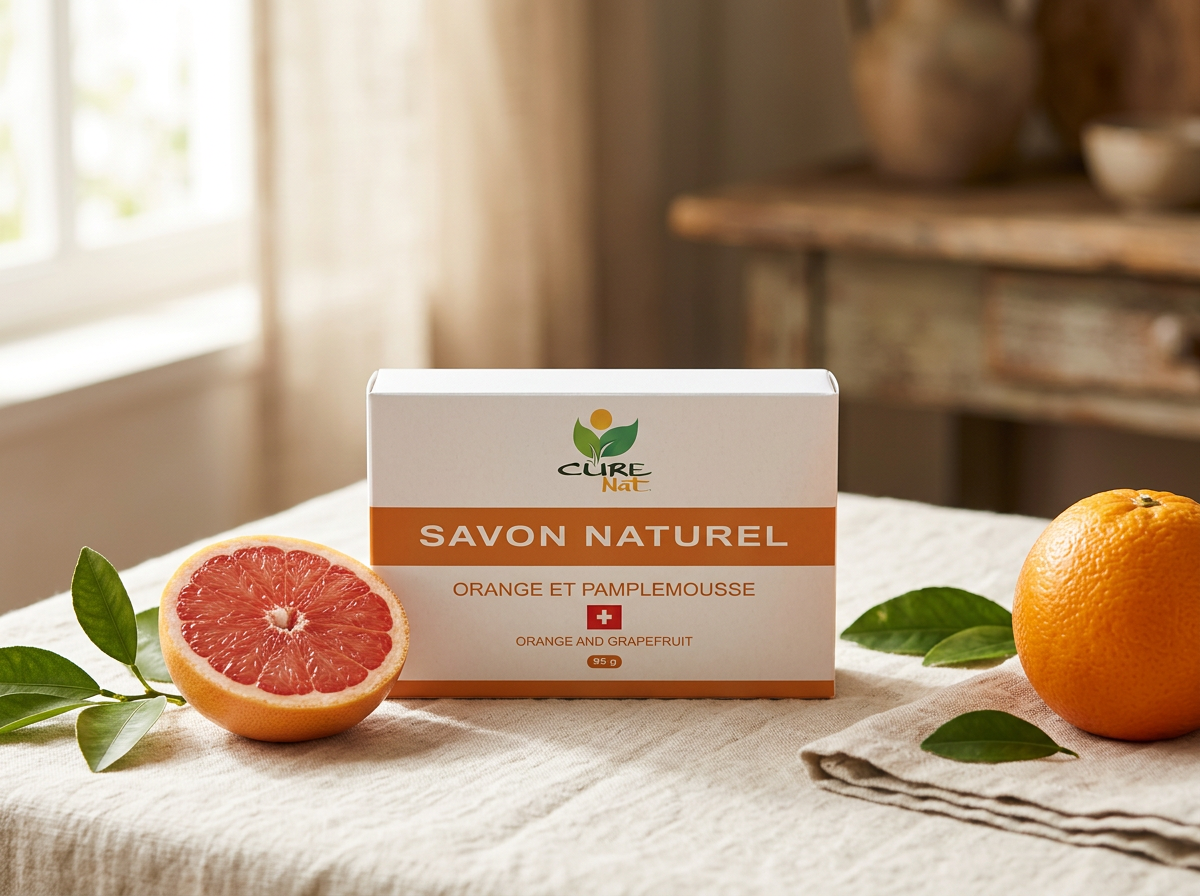 Savon naturel CureNat Orange & Grapefruit avec sa boîte carton, barre artisanale crème, tranches d'orange et demi-pamplemousse rose sur lin beige