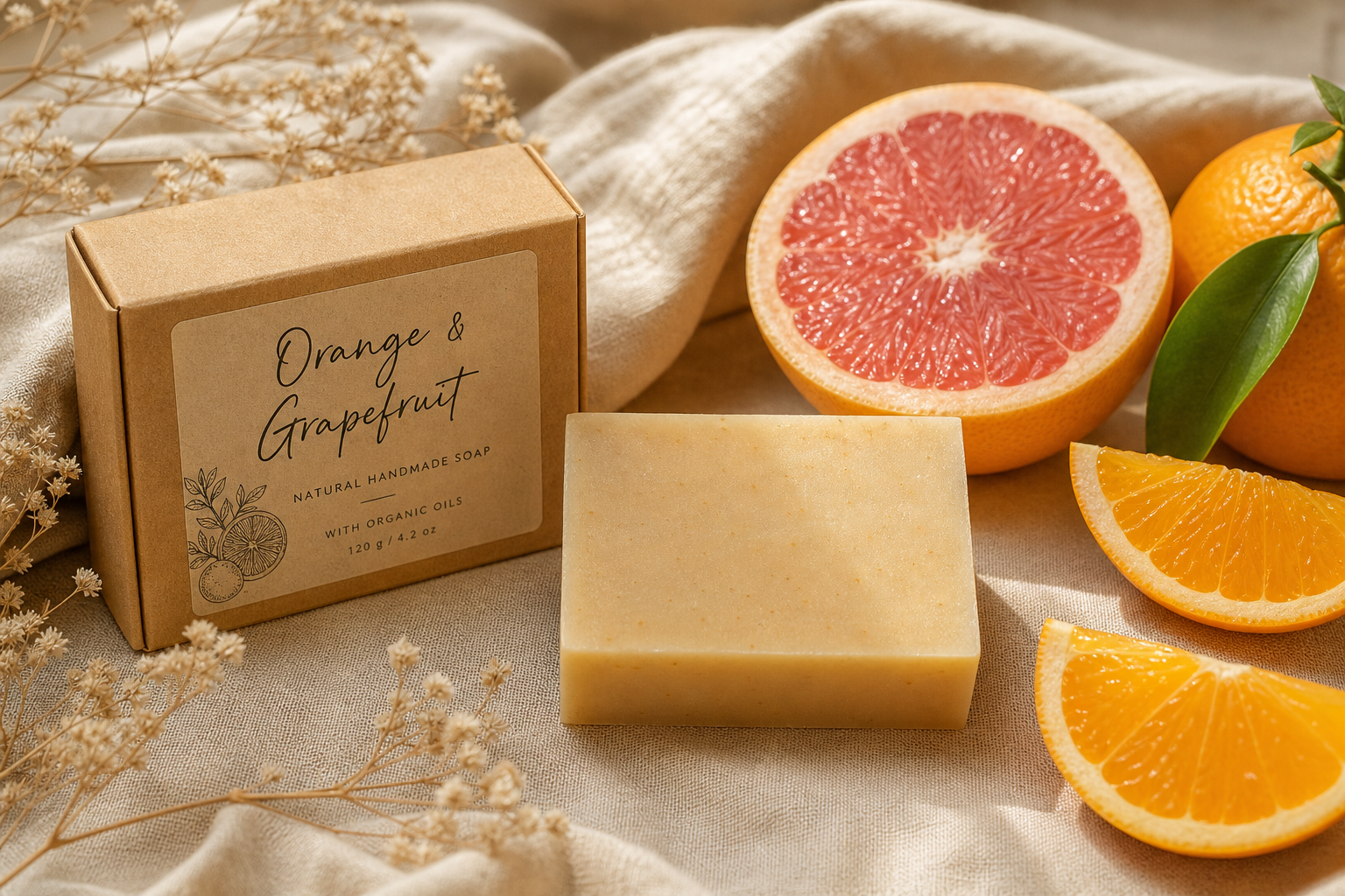 Savon naturel CureNat Orange & Grapefruit avec sa boîte carton, barre artisanale crème, tranches d'orange et demi-pamplemousse rose sur lin beige