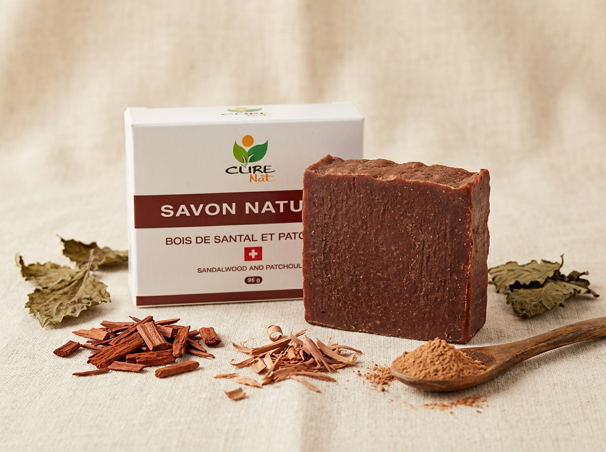 Savon naturel CureNat Bois de Santal & Patchouli avec sa boîte, sur lin crème, copeaux de santal et feuilles de patchouli