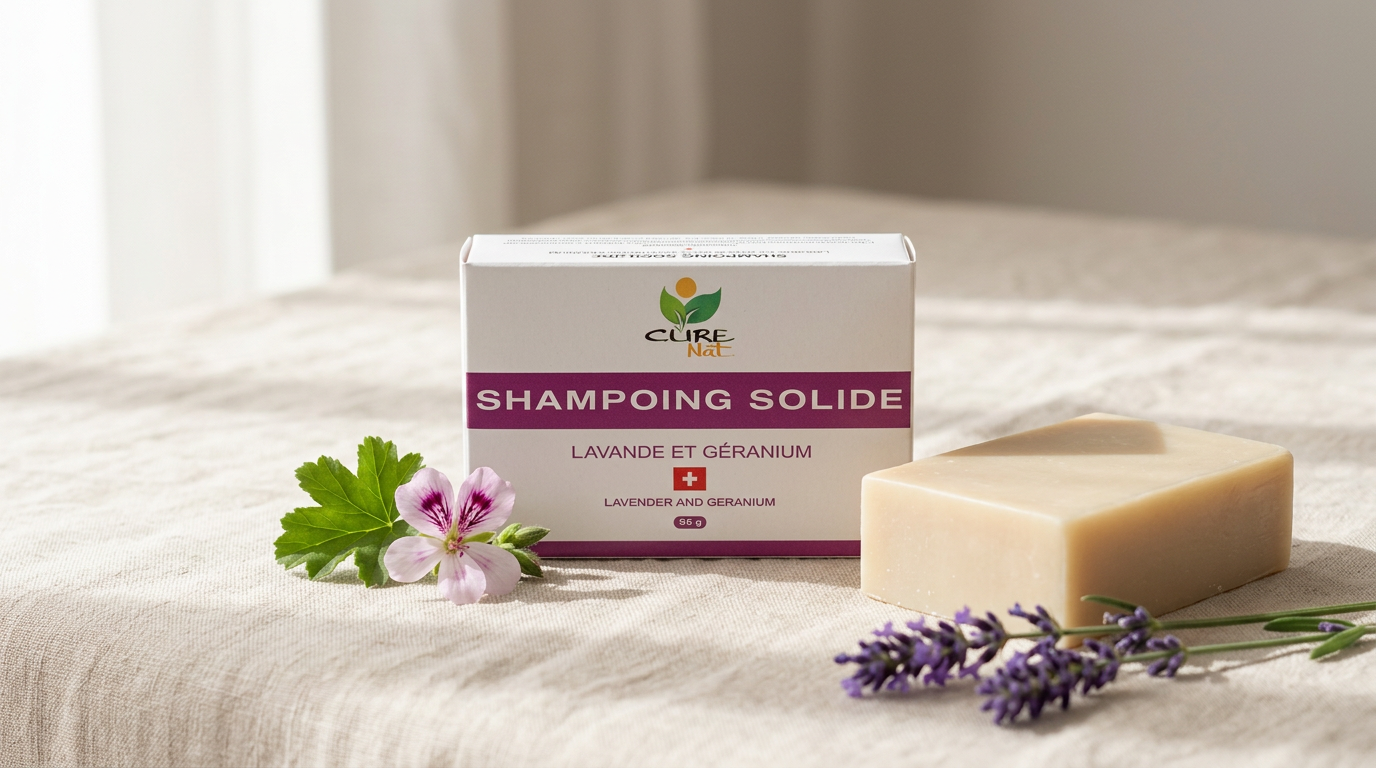 Shampoing solide CureNat Lavande & Géranium avec sa boîte carton, fleurs de lavande et géranium rose
