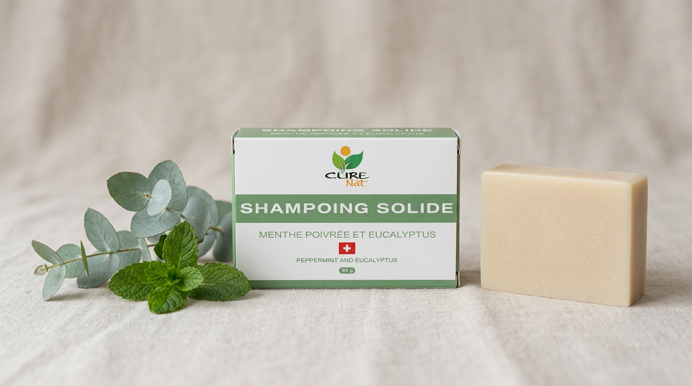 Shampoing solide CureNat Menthe Poivrée & Eucalyptus avec sa boîte carton, menthe fraîche et branche d'eucalyptus